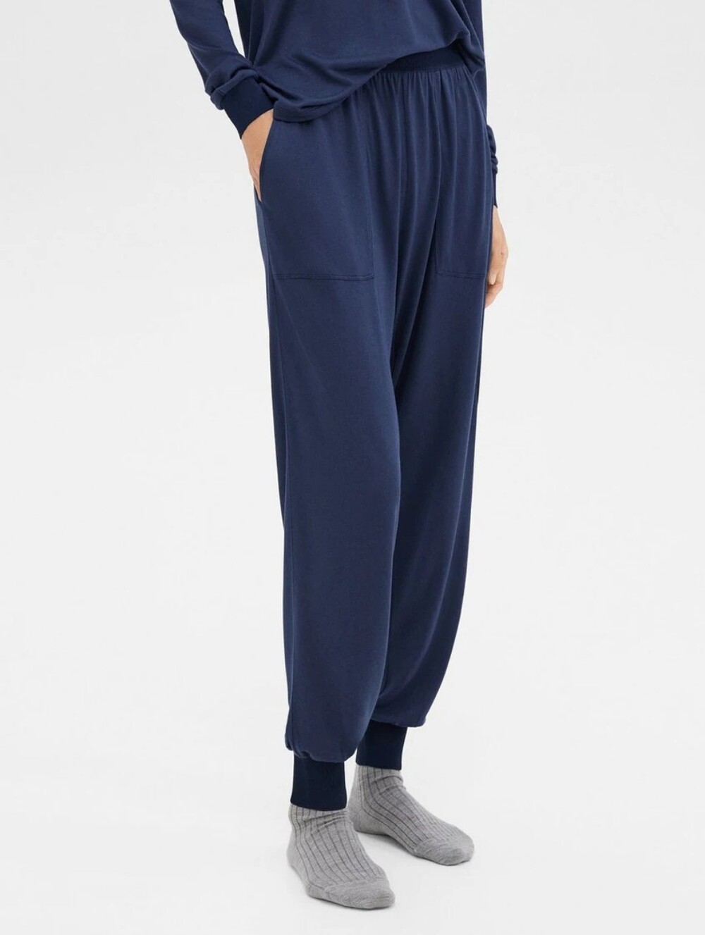 Theory Silk Modal Navy Blue Women's Ribbed Cuff Jogger Pants Size P